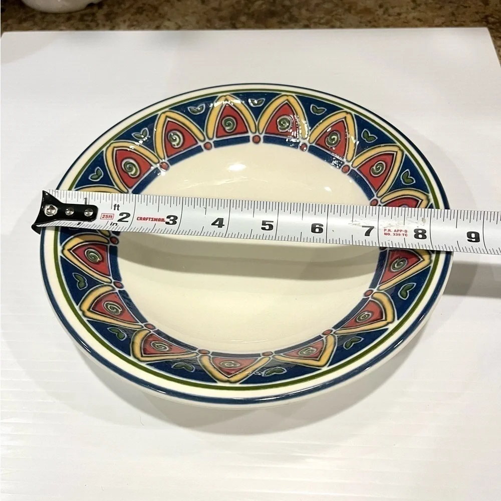 Pier 1 Bowl Red, Blue. Yellow Geometric Pattern 8 1/4 inches